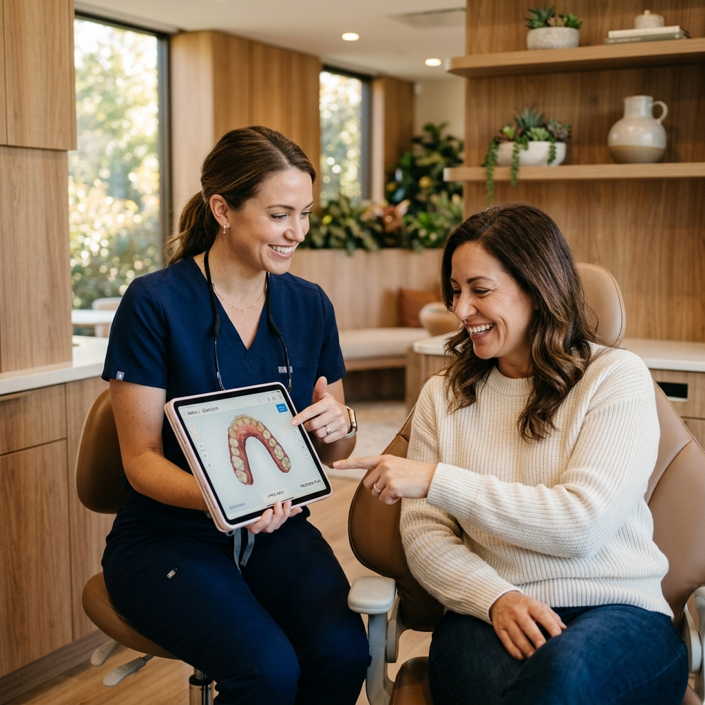 Friendly dentist explaining custom digital roadmap to a smiling patient
